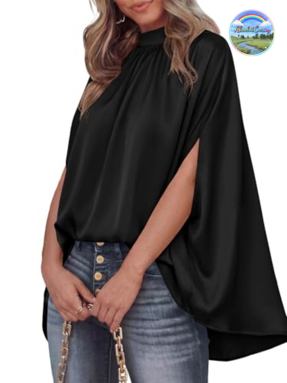Satin Blouse Batwing Sleeve Oversized Mock Neck High Low Hem Women Top